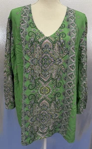 J. Jill Top Womens Plus Sz 3X Green Pink Paisley Boho Print V Neck Flowy Blouse - Picture 1 of 6