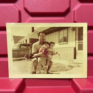 Father Holding Sons Outside Of House 4 7/8 x 3 3/8 Photograph Vintage 1953 - Picture 1 of 2