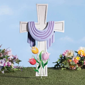 Easter Cross Tulip Yard Stake Outdoor Religious Memorial Spring Garden Art Decor - Picture 1 of 4