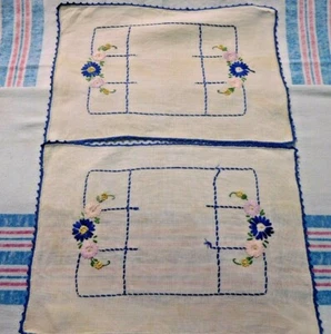 Vintage Pair Embroidered Linens with Blue Crocheted Edging Blue ~ Pink #1886 - Picture 1 of 5