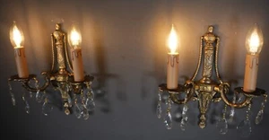 VINTAGE Victorian Double Arm Solid Brass Crystal Prisms Pair of Applique Sconces - Picture 1 of 8