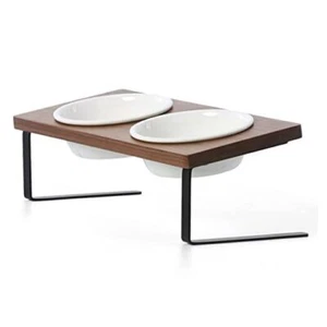 Elevated Cat Ceramic Bowls, Small Dog 15°Tilted Raised Food Feeding Walnut - Picture 1 of 8