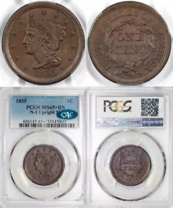 1855 1c N-1 Upright 55 Braided Hair Large Cent PCGS and CAC MS 65+ - Picture 1 of 5