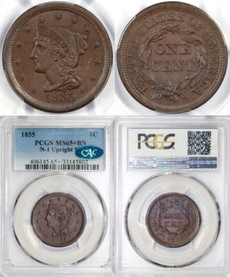 1855 1c N-1 Upright 55 Braided Hair Large Cent PCGS and CAC MS 65+ - Image 1 of 4