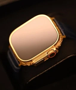 Custom 24k Gold Plated Apple Watch ULTRA 2 49mm Engraved Black Leather Band - Picture 1 of 5