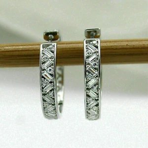 2Ct Baguette Simulated Diamond Hoop/Huggie Earring Women's 14k White Gold Plated - Picture 1 of 7