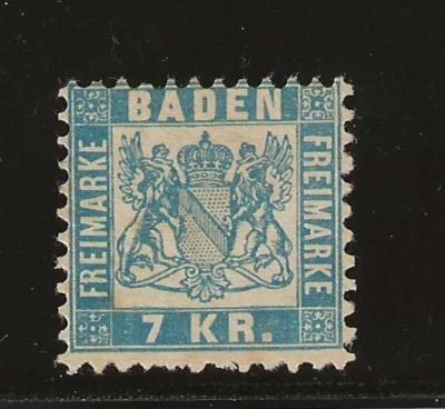 Germany Baden Scott #28a mint hinged 7kr sky blue 1868 coat of arms og f/vf - Image 1 of 2