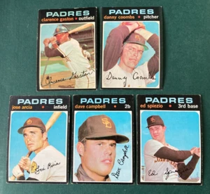 LOTTO 5 CARTE BASEBALL 1971 SAN DIEGO PADRES CLARENCE GASTON, COOMBS, SPIEZIO, ARCI - Foto 1 di 2