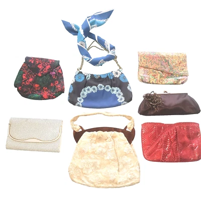 Lot of 7 Vintage Purses & 1 Scarf Blue Red Gold Fabric Japan Palizzio Snakeskin - Image 1 of 4