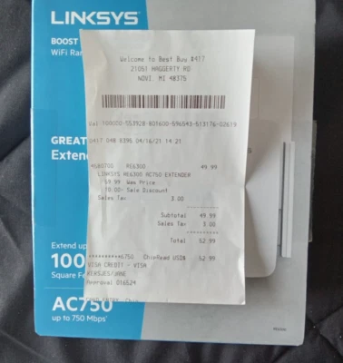 LINKSYS BOOST WIFI RANGE EXTENDER TO 1000 SQUARE FEET AC750 UP TO 750 MBPS - Image 1 of 4