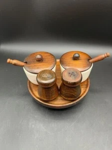 Vintage Revolving Wood Condiment Set Lazy Susan Sugar, Salt Pepper Pottery - MCM - Picture 1 of 8