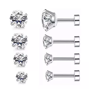 4pairs 316L Surgical Steel Round Flat Back Ear Studs Clear CZ Earrings 3-6mm - Picture 1 of 2