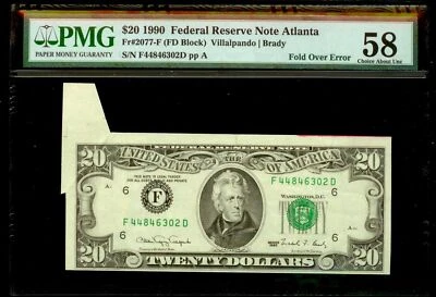1990 $20 FRN ATLANTA, GA FOLD OVER ERROR NOTE FR# 2077-F PMG CH. ABOUT UNC 58 - Image 1 of 2