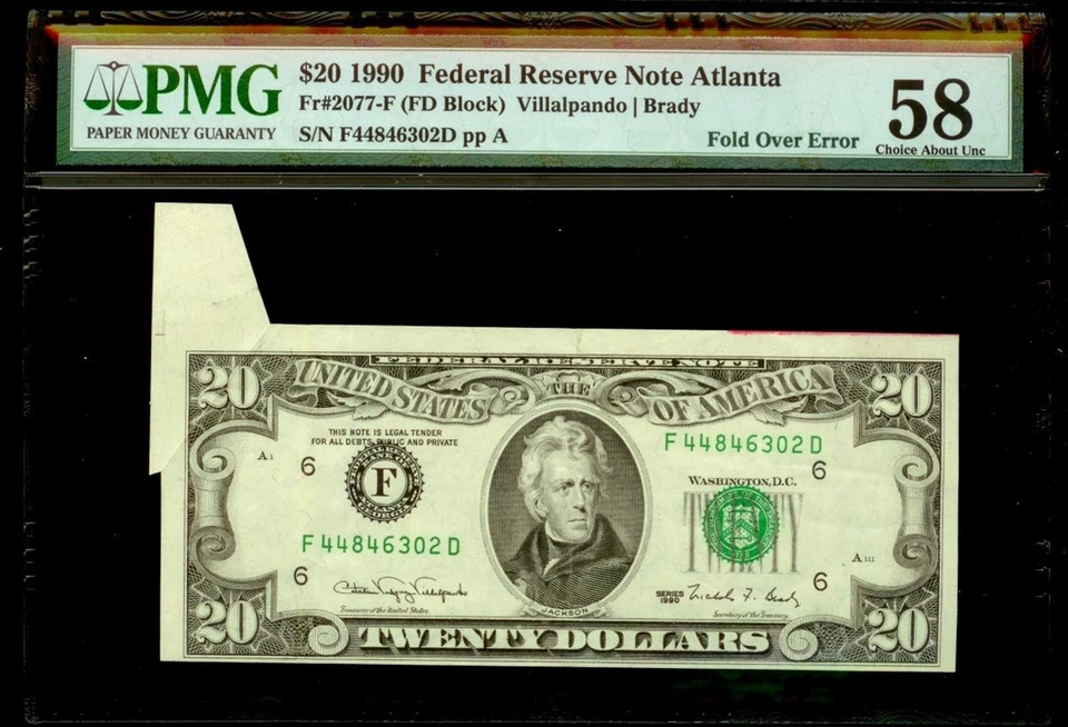 1990 $20 FRN ATLANTA, GA FOLD OVER ERROR NOTE FR# 2077-F PMG CH. ABOUT UNC 58 - Image 1 of 2
