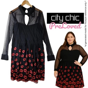 City Chic Red Lip Lipstick Kiss Daydream Dress Plus Sz M 18 Rockabilly Fit Flare - Picture 1 of 20