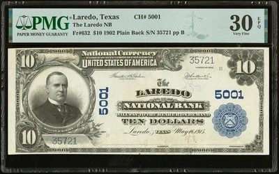 $10 1902 Plain Back the Laredo National Bank Laredo, TX CH#5001 PMG 30 EPQ - Image 1 of 3