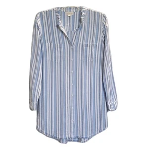 Anthropologie Blue White Cloth Stone Shirt Dress Raw Frayed Hem Linen Striped M - Picture 1 of 5