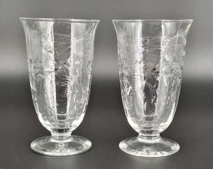 Lot of 2 Vintage Floral & Vine Etched Footed Parfait or Iced Tea Glasses 5.5" - Picture 1 of 5