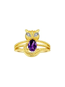 RYLOS  YELLOW GOLD PLATED SILVER AMETHYST & DIAMOND GEMSTONE CAT RING SIZE 5-13 - Picture 1 of 6