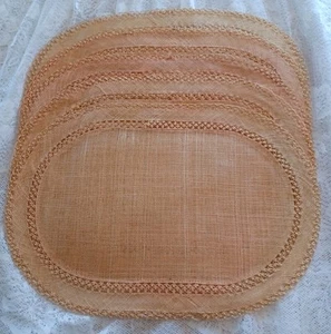 VINTAGE SET OF 5 WOVEN BURLAP HESSIAN OVAL PLACEMATS 12.5" x 18.5" BEIGE/PEACH - Picture 1 of 15