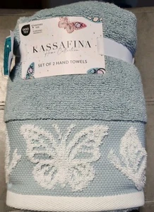 KASSAFINA HAND TOWELS (2) BUTTERFLIES WHITE GREEN 100% COTTON NWT SOFT THICK - Picture 1 of 3