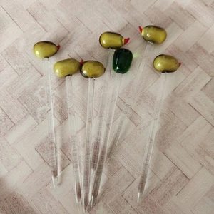 Set of 6 GLASS OLIVE Cocktail Picks Swizzle Sticks Blown Glass and 1 misc one - Picture 1 of 3