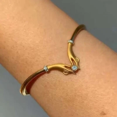 0.50 CTW Created Round Diamond 14K Yellow Gold Plated Love Hands Bangle Bracelet - Image 1 of 4