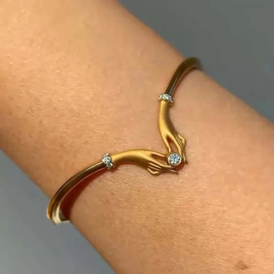 0.50 CTW Created Round Diamond 14K Yellow Gold Plated Love Hands Bangle Bracelet - Image 1 of 4