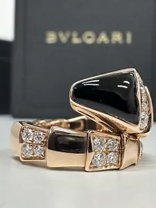 Bvlgari Serpenti Viper Ring Rose Gold Diamond Set With Onyx and A Box - Picture 1 of 11