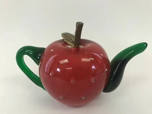 Vintage Dynasty Gallery Heirloom Paperweight Apple Glass Kettle With Bronze Leaf - Picture 1 of 9