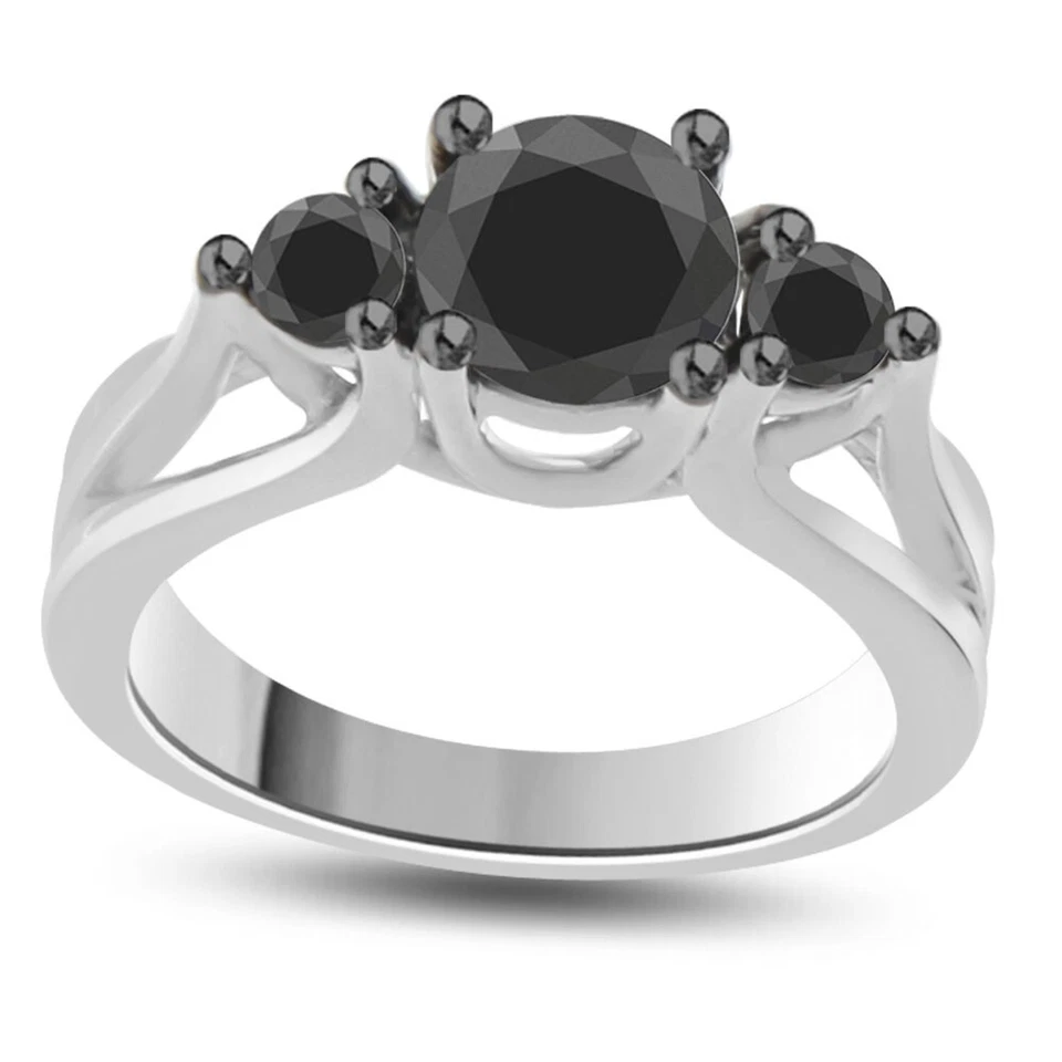 Anillo redondo de tres piedras con diamantes naturales negros de 2 quilates enchapado en oro blanco de 14 quilates de ley Foto 1 de 1