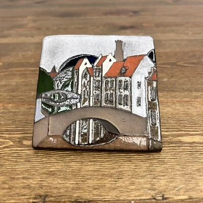 Vintage Handcrafted Signed Argus Brugge Clay Tile - Villas & Bridge - Image 1 of 4
