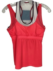 Lucky In Love Layered Athletic Tank Top Sz S Neon Coral Shelf Bra Mesh Active - Picture 1 of 7