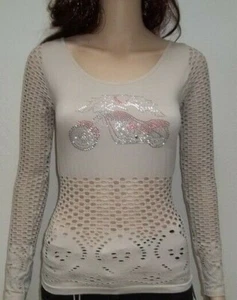 Biker Motorcycle Long Sleeve Scoop Neckline Jeweled Womens' Shirt-Beige,Small - Picture 1 of 7