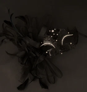Black with blue Feather Themed Half Venetian Mask Masquerade Ball Mask - Picture 1 of 4
