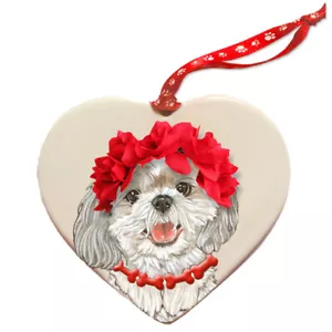 Shih Tzu Porcelain Valentine's Day Heart Ornament Pet Gift - Picture 1 of 2