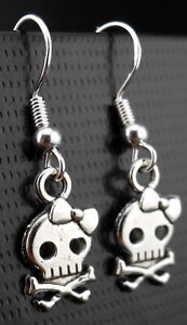 Skull & Crossbones Earrings Sterling Silver Wires Bow Rockabilly Punk Rock Girl