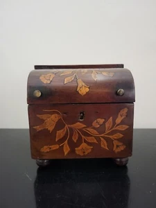 Antique DUTCH 19thc Wood TEA CADDY Box w/Inlaid Marquetry BIRD & Flower Design - Picture 1 of 9