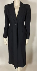 1990s Vintage Badgley Mischka Mid Length Sleek Single Button Black Coat XS Sz 2 - Picture 1 of 8