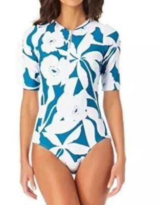 Anne Cole Deep Teal 植物露背防晒衣连体 L24017 16 码 — 第 1/4 张图片