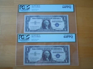 (2) 1957 $1 Consecutive Blue Seal Silver Certificates PGCS Graded 64 PPQ - Picture 1 of 5