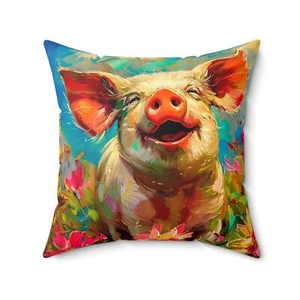 Quadratisches Kissen aus Wildlederimitat: Schwein Kunst im Frühling Blumen-Schwein - Bild 1 von 6