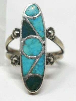 Vintage Southwestern Turquoise Mosaic Silver RING Size 6.5 Split Shank  - Image 1 of 4