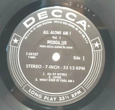 BRENDA LEE ROCKABILLY 33 RPM, STEREO EP, ALL ALONE AM I VOL.1 - Image 1 of 2