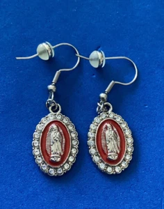 Our Lady of Guadalupe Saint Medal Earrings Red Enamel Rhinestones Stainless - Picture 1 of 3