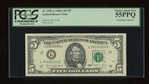 DBR 1988-A $5 FRN San Francisco Fr. 1981-L PCGS 55 PPQ Serial L74191214E - Picture 1 of 2