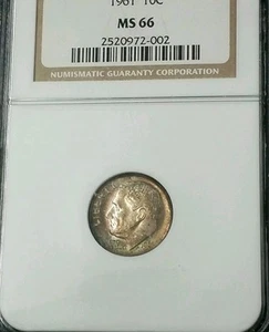 1961 10C Roosevelt Dime - NGC MS 66 Toning Older NGC Holder #4026 - Picture 1 of 3