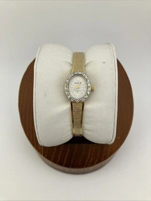 Vtg Geneve Ladies 15mm Watch Gold Tone 10 Diamond Bezel Adjustable -RUNS - Image 1 of 4