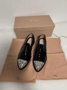 Miu Miu Shoes Womens Size 39 Black Naplak Crystal Embellished Loafers Slip On - Picture 1 of 11
