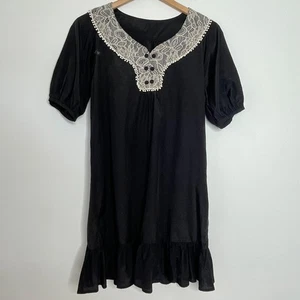 Vintage Gothic Black Lace Collar Puff Sleeve Dress M Dark Cottagecore Victorian - Picture 1 of 7